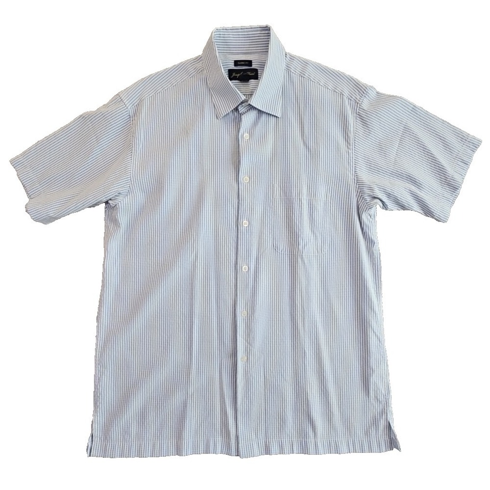 Joseph Feiss Men's Shirt Large Blue‎ Stripe Modal Blend Short Sleeve Seersucker